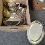 Box of silver plate to include: oval and round dishes and serving platters, toastrack, shell