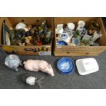 Two boxes of mostly china to include: Wedgwood Jasperware, Honiton pottery preserve jar, moulded