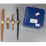Three ladies 9ct gold wristwatches together with another gold plated. (B.P. 21% + VAT)