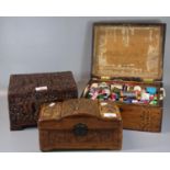 Two miniature oriental camphor wood boxes, together with a 19th Century ladies work box with