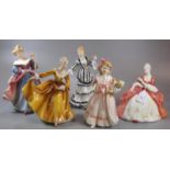 Five Royal Doulton bone china figurines to include: figure of the year 1991 'Amy', 'Bedtime', '