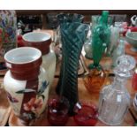 Box of glassware to include: star cut based decanter with stopper, cranberry glass jug and pot,