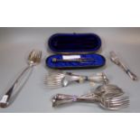 Collection of mainly 19th century silver forks together with a cased silver pronged serving fork. 27