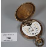 Gold plated Asian keyless lever pocket watch with jewelled ceramic face marked 'J Ullmann & Co ,Hong