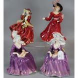 Four Royal Doulton figurines, to include: 'Charlotte' HN2421 x2, 'Top O the Hill' HN1834 and