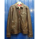 Brown leather Joe Brown's size Large leather bomber jacket with red silky lining. (B.P. 21% + VAT)