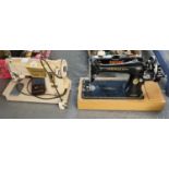Singer vintage hand sewing machine with case together with a Singer electric sewing machine with