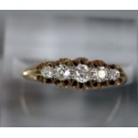 18ct gold Victorian setting five stone diamond dress ring. 2.9g approx. Size J. Small leather