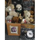 Box of Merrythought and other soft toys to include: Panda, various teddys bears, dogs in various