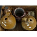Box of stoneware items to include: jugs, one marked 'Stanton's Beverages, Bolton', two tone jugs,