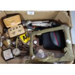 Box of oddments to include: meat skewer, Middle Eastern knife, beer taps, AA badge, pocket watch,
