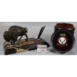Veined marble desk pen holder with patinated figure of a North American bison, bearing engraved