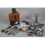 Collection of assorted silver and other items to include hipflask, repoussé dishes, flared vase,
