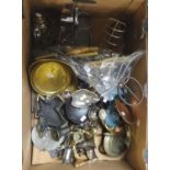 Box of metalware, to include: loose cutlery, plated toast rack, candle holders cruet set holders,