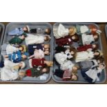 Two trays of small porcelain dolls, in vintage clothing; Victorian to mid 20th Century. (2) (B.P.
