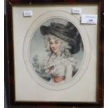 After Gainsborough, portrait of a lady. Coloured print. 17x14cm approx. Framed and glazed. (B.P. 21%