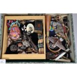 Collection of assorted skull and other jewellery, hunting horn, various pipes, military patches,