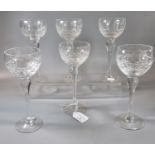 Set of six Brierley cut lead crystal Hock glasses with star cut decoration and circular bases. (