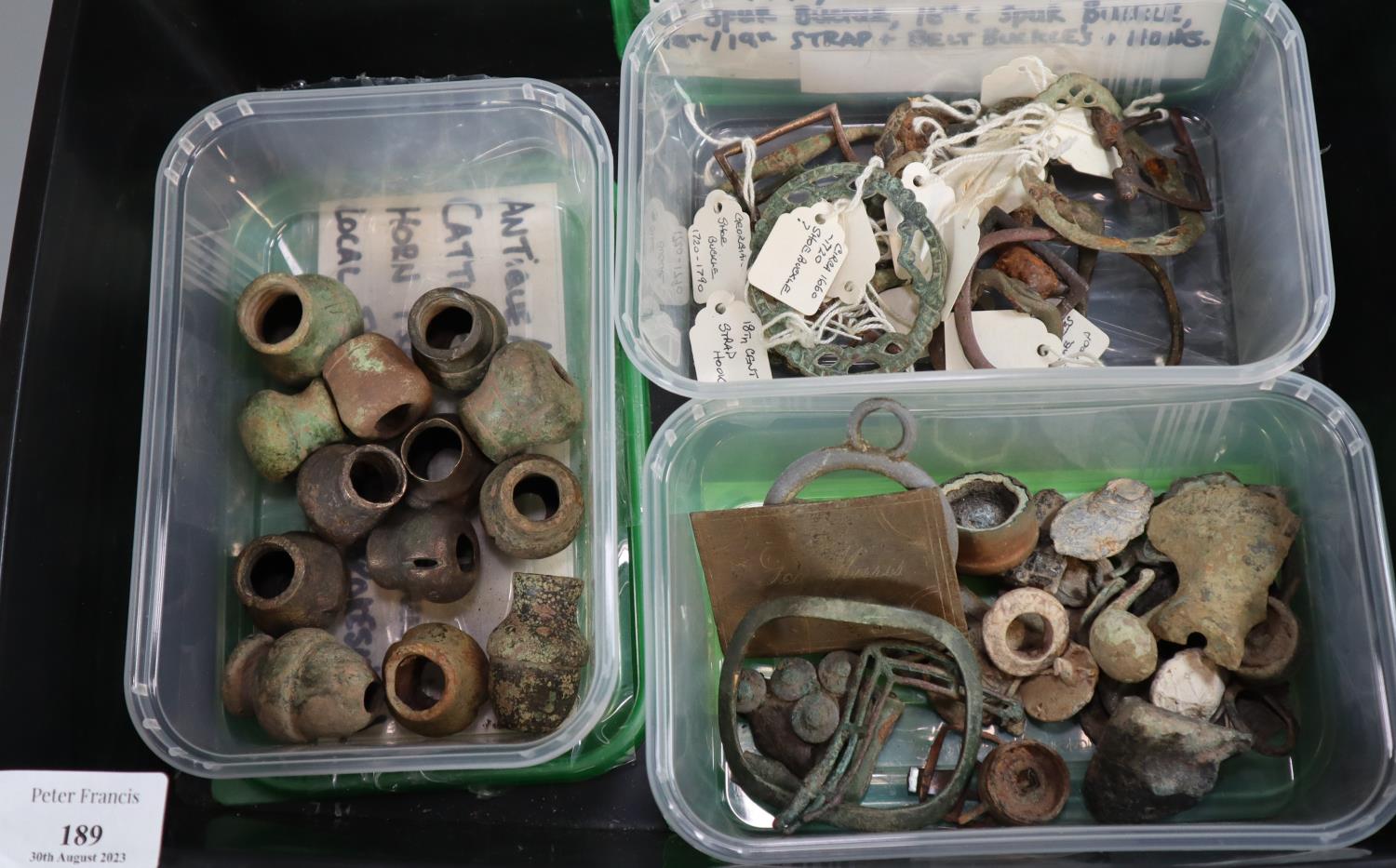Large collection of metal detectorists finds, to include: buckles, brass plaques, etc. believes to