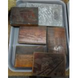 Tray of printing plates, mostly copper with landscape scenes, one possibly book cover 'Historic
