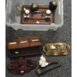 Box of writing equipment, accessories and other collectables to include: early 20th Century wooden