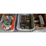 Three crates of assorted OO gauge model railway trackside accessories and related items, some in