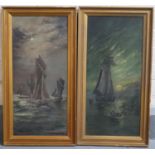 M Davies, fishing vessels in the moonlight, a pair, signed. Oils on canvas. 77x35cm approx.