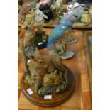 Tray of animal figures to include: deer and fawn signed 'H Schwarz' to the back on wooden base,