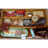 Wooden box comprising assorted oddments to include: vintage spectacles, Valet Autostrop safety