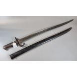 19th century French sword bayonet with fullered slightly curved blade, brass hilt and metal