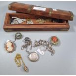 Indian brass bound hardwood box containing an assortment of silver and other costume jewellery