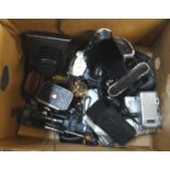 Box of assorted items, mostly camera equipment to include: a leather cased Zenit-E Moshva 80,