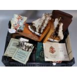 Tray of oddments to include: ship bookends, odd postcards and ephemera, cash tin, cufflinks etc. (