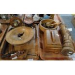 Two trays of mostly wooden items to include: carved miniature totem pole, wooden centre bowls, treen