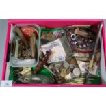 Box of assorted coins, medals Coronation Medals, pipes, badges, RAF cigarette cards, corkscrew,