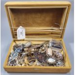 Velvet finish jewellery box containing an assortment of costume jewellery and oddments of silver