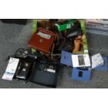 Box of cameras and camera equipment to include: Kodak Instamatic 133-X, Admica 8F cinecamera in