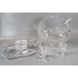 Collection of cut glass items to include: basket and four piece dressing table set. (5) (B.P.