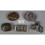 Five American USA belt buckles including: Harley Davidson, Texas with guns Texas with horse etc. (