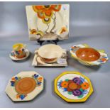 Bizarre by Clarice Cliff Newport Pottery England 'Crocus' hand painted design coffee trio with small