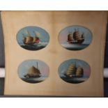 Chinese School, studies of Sampans and Sailing Vessels, a group of four in one mount. Watercolour on