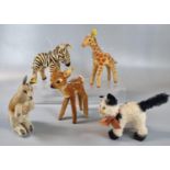 Group of five Steiff miniature animals, to include: 'Gussy', baby Zebra, baby Giraffe, 'Kangoo'