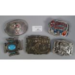 Five USA belt buckles including: Country Music, Buffalo Bill, Budweiser, Indian God, big turquoise