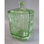 Art Deco design green moulded glass biscuit barrel with figural decoration and fluted cover. 20cm