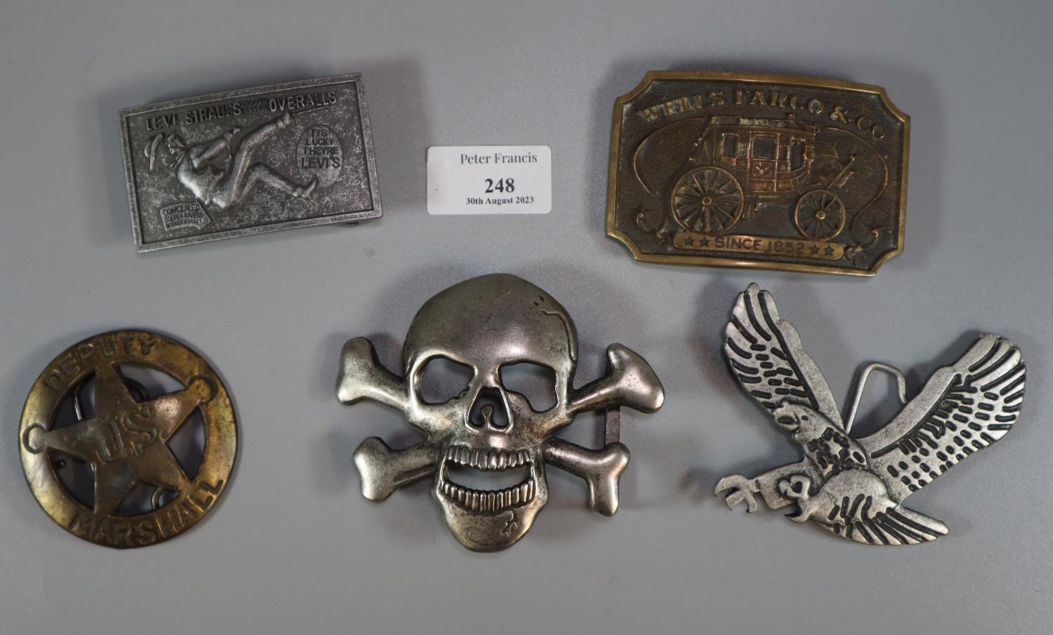 Five American best buckles including: Fargo, Skull and bones, Eagle, US Deputy Marshal, Levi Strouse