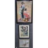 Large Japanese coloured print depicting two female figures. 68x46cm approx. Framed and glazed.