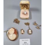 Collection of hardstone cameo jewellery to include: 9ct gold framed portrait cameo brooch,