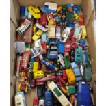 Box of assorted diecast model vehicles, including some early Dinky, Matchbox, Corgi etc. in playworn