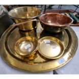 Collection of brass and copper ware to include: Islamic brass tray, two bronze dishes, copper