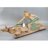 Art Deco design plaster figure group of a woman with dog. 60cm long approx. (B.P. 21% + VAT)